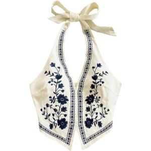 image:imageOYOANGLE Womens Floral Boho Summer Halter Crop Tops Embroidery Vacation Tank Top Tie Backless Vintage Going Out TopsApricot