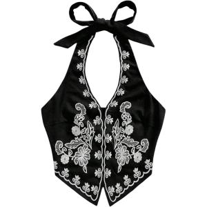 image:imageOYOANGLE Womens Floral Boho Summer Halter Crop Tops Embroidery Vacation Tank Top Tie Backless Vintage Going Out TopsBlack