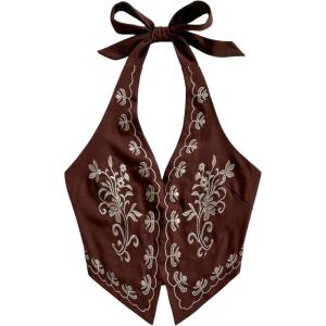 image:imageOYOANGLE Womens Floral Boho Summer Halter Crop Tops Embroidery Vacation Tank Top Tie Backless Vintage Going Out TopsBrown