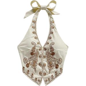 image:imageOYOANGLE Womens Floral Boho Summer Halter Crop Tops Embroidery Vacation Tank Top Tie Backless Vintage Going Out TopsDark Khaki