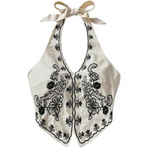 image:imageOYOANGLE Womens Floral Boho Summer Halter Crop Tops Embroidery Vacation Tank Top Tie Backless Vintage Going Out TopsKhaki