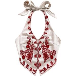 image:imageOYOANGLE Womens Floral Boho Summer Halter Crop Tops Embroidery Vacation Tank Top Tie Backless Vintage Going Out TopsRed