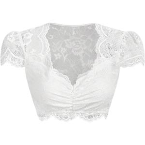 image:imageOYOANGLE Womens Floral Lace Sheer Mesh Y2K Crop Tops Sweetheart Neck Cap Sleeve Ruched Slim Fit Going Out T ShirtsWhite
