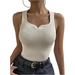 image:imageOYOANGLE Womens Notched Neck Ribbed Knit Tank Top Sleeveless Slim Fit Knitted Tops Summer Casual KnitwearApricot