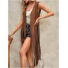 image:imageOYOANGLE Womens Boho Studded Fringe Long Vest Open Front 70s Hippie Western Sleeveless JacketCoffee Brown