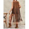 image:imageOYOANGLE Womens Boho Studded Fringe Long Vest Open Front 70s Hippie Western Sleeveless JacketCoffee Brown