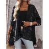 image:imageOYOANGLE Womens Lace Sheer Open Front Cardigan 34 Sleeve Lightweight See Through JacketBlack