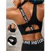 image:imageOYOANGLE Womens Letter Print Sports Bra Asymmetrical Neck Cut Out Medium Support Workout Yoga BrasBlack