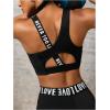image:imageOYOANGLE Womens Letter Print Sports Bra Asymmetrical Neck Cut Out Medium Support Workout Yoga BrasBlack