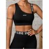 image:imageOYOANGLE Womens Letter Print Sports Bra Asymmetrical Neck Cut Out Medium Support Workout Yoga BrasBlack