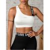 image:imageOYOANGLE Womens Letter Print Sports Bra Asymmetrical Neck Cut Out Medium Support Workout Yoga BrasWhite