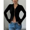 image:imageOYOANGLE Womens Long Sleeve Cutout Shirt Collar V Neck Ribbed Knit Split Hem Going Out TopsBlack
