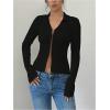 image:imageOYOANGLE Womens Long Sleeve Cutout Shirt Collar V Neck Ribbed Knit Split Hem Going Out TopsBlack