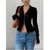 image:imageOYOANGLE Womens Long Sleeve Cutout Shirt Collar V Neck Ribbed Knit Split Hem Going Out TopsBlack