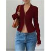 image:imageOYOANGLE Womens Long Sleeve Cutout Shirt Collar V Neck Ribbed Knit Split Hem Going Out TopsBurgundy