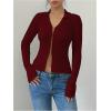 image:imageOYOANGLE Womens Long Sleeve Cutout Shirt Collar V Neck Ribbed Knit Split Hem Going Out TopsBurgundy