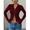 image:imageOYOANGLE Womens Long Sleeve Cutout Shirt Collar V Neck Ribbed Knit Split Hem Going Out TopsBurgundy