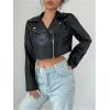image:imageOYOANGLE Womens PU Leather Cropped Jacket Zip Up Motorcycle Jackets CoatBlack