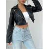 image:imageOYOANGLE Womens PU Leather Cropped Jacket Zip Up Motorcycle Jackets CoatBlack