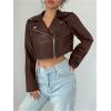 image:imageOYOANGLE Womens PU Leather Cropped Jacket Zip Up Motorcycle Jackets CoatKhaki