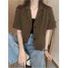 image:imageOYOANGLE Womens Short Sleeve Cropped Suit Blazer Business Casual Open Front Button Down JacketBrown