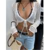 image:imageOYOANGLE Womens Tie Front Tops Conch Decor Crop V Neck Cardigan Bell Long Sleeve Hollow Out Cute Knit Crochet CardiganWhite