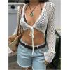 image:imageOYOANGLE Womens Tie Front Tops Conch Decor Crop V Neck Cardigan Bell Long Sleeve Hollow Out Cute Knit Crochet CardiganWhite