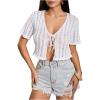 image:imageOYOANGLE Womens Crochet Knit Tie Front Crop Top Hollow Out Short Sleeve Cardigan SweaterWhite