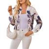 image:imageOYOANGLE Womens Floral Print Baseball Collar Bomber Jacket Long Sleeve Zip Up Coat OuterwearWhite