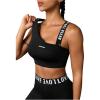 image:imageOYOANGLE Womens Letter Print Sports Bra Asymmetrical Neck Cut Out Medium Support Workout Yoga BrasBlack