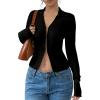image:imageOYOANGLE Womens Long Sleeve Cutout Shirt Collar V Neck Ribbed Knit Split Hem Going Out TopsBlack