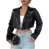 image:imageOYOANGLE Womens PU Leather Cropped Jacket Zip Up Motorcycle Jackets CoatBlack