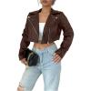 image:imageOYOANGLE Womens PU Leather Cropped Jacket Zip Up Motorcycle Jackets CoatKhaki