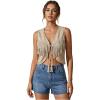 image:imageOYOANGLE Womens Studded Fringe Trim Tie Front Vest Top Boho Outfits 70s Hippie Western Cowgirl Sleeveless Jacket OuterwearKhaki