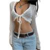image:imageOYOANGLE Womens Tie Front Tops Conch Decor Crop V Neck Cardigan Bell Long Sleeve Hollow Out Cute Knit Crochet CardiganWhite