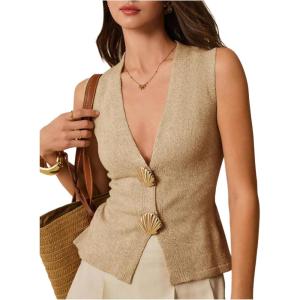 image:imageOYOANGLE Womens Boho Seashell V Neck Knitted Tank Top Sleeveless Slit Hem Tie Back Dressy TopsKhaki