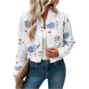 image:imageOYOANGLE Womens Bomber Jacket Floral Print Zip Up Long Sleeve Cropped Jackets OuterwearWhite