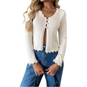 image:imageOYOANGLE Womens Button Down Lightweight Cardigan Long Sleeve Split V Neck Sweaters OuterwearApricot