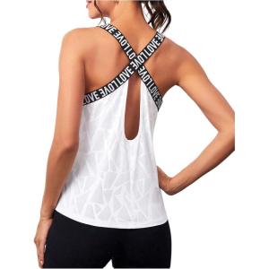 image:imageOYOANGLE Womens Camo Print Workout Tank Tops Sleeveless Running Tops Crisscross Back Yoga Gym Loose Athletic ShirtsWhite