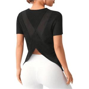 image:imageOYOANGLE Womens Camo Workout Gym Shirts Open Back Crew Neck Short Sleeve Loose Sports Athletic T ShirtBlack