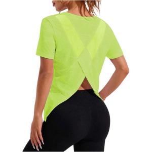 image:imageOYOANGLE Womens Camo Workout Gym Shirts Open Back Crew Neck Short Sleeve Loose Sports Athletic T ShirtLime Green