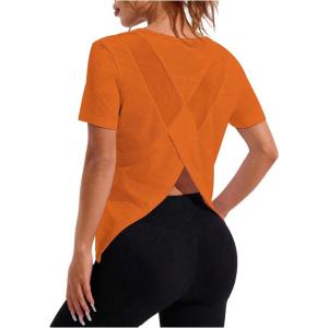 image:imageOYOANGLE Womens Camo Workout Gym Shirts Open Back Crew Neck Short Sleeve Loose Sports Athletic T ShirtOrange