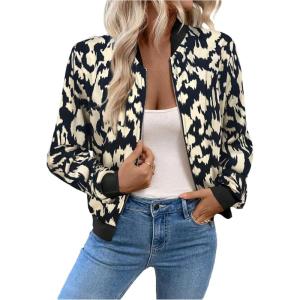 image:imageOYOANGLE Womens Cheetah Print Zip Up Jacket Long Sleeve Casual Lightweight Bomber Jackets OuterwearBlack and White