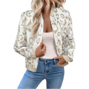 image:imageOYOANGLE Womens Cheetah Print Zip Up Jacket Long Sleeve Casual Lightweight Bomber Jackets OuterwearKhaki White