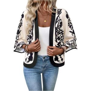 image:imageOYOANGLE Womens Floral Print 34 Sleeve Open Front Cardigan Lightweight Kimono Outerwear Cover UpsMulticolor