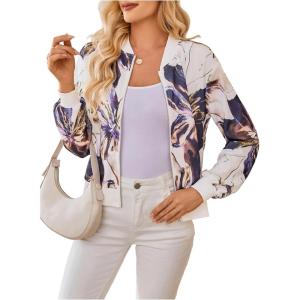 image:imageOYOANGLE Womens Floral Print Baseball Collar Bomber Jacket Long Sleeve Zip Up Coat OuterwearWhite