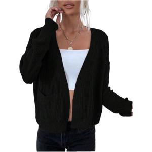 image:imageOYOANGLE Womens Knit Open Front Long Sleeve Cropped Cardigan Sweater Soft Knit Spring Fall OuterwearBlack