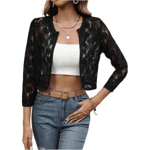 image:imageOYOANGLE Womens Lace Mesh Open Front Cropped Cardigans 34 Sleeve Dressy JacketsBlack