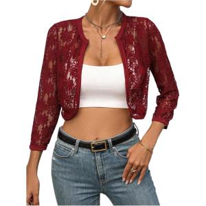image:imageOYOANGLE Womens Lace Mesh Open Front Cropped Cardigans 34 Sleeve Dressy JacketsRed