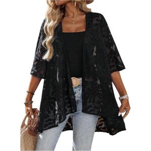 image:imageOYOANGLE Womens Lace Sheer Open Front Cardigan 34 Sleeve Lightweight See Through JacketBlack
